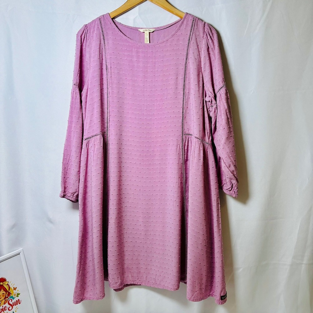 Matilda Jane Swiss Dot Dress Womens L Pink Ladder Lace Trim Long Sleeve Boho - Picture 2 of 3